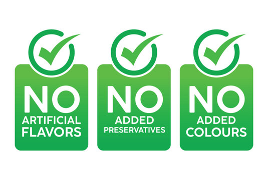 Three vibrant green square labels with white checkmarks and bold &ldquo;NO&rdquo; text above &ldquo;Artificial Flavors,&rdquo; &ldquo;Added Preservatives,&rdquo; or &ldquo;Added Colors.&rdquo; Clean, modern design on white background.