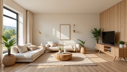 Modern minimalist living room with cozy furniture and natural light in stylish interior design