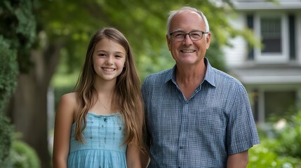 Obraz premium A portrait of a father and daughter, radiating warmth and happiness, standing together outside a house. Capturing their close bond. father's day