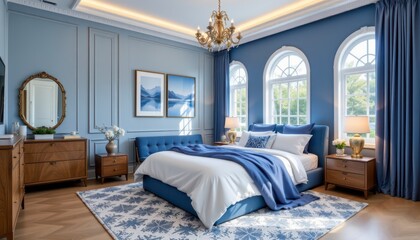 Elegant Blue Themed Bedroom Design with Large Windows and Stylish Decor in Daylight