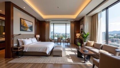 Modern luxury hotel room with panoramic city view, spacious design, elegant furnishings, and natural light