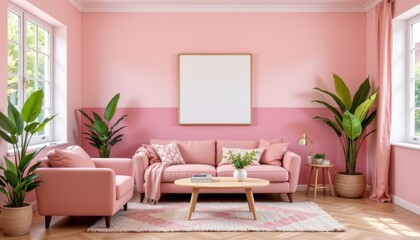 Elegant Pink Living Room with Modern Couch, Cozy Decor and Lush Indoor Plants