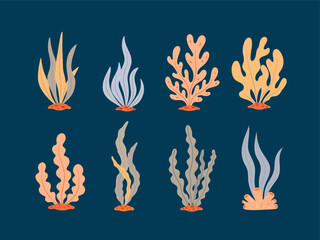 Stylized Aquatic Plants with Varied Shapes and Colors on Dark Background.