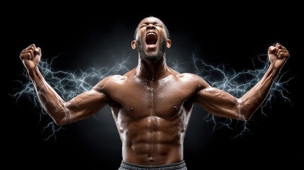 Obraz premium Strong athlete celebrating victory with energy and strength in electrifying lightning scene, sport and power concept