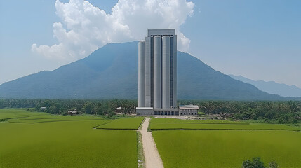 Concrete Silos Towering Above Lush Green Rice Fields with Mounta
