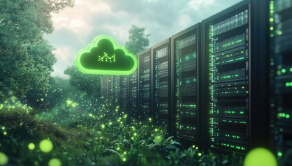 Green cloud icon over server racks in a lush forest