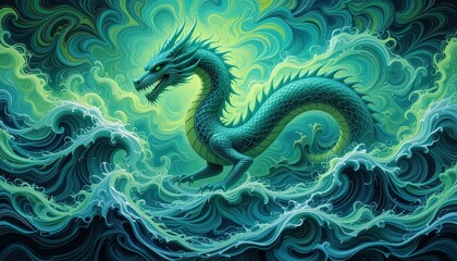 Fototapeta premium A vibrant teal dragon stands amidst swirling ocean waves.