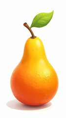Stylized, golden pear illustration with a single green leaf against a white background, showcasing a smooth texture