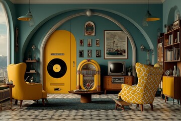 Mid century classic interior living room natural wood furniture golden hour daylight stylish retro flair