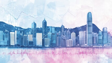 Abstract cityscape of a bustling metropolis, painted with pastel hues.