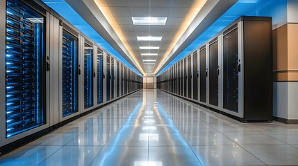 Server Room Corridor with Reflective Floor and Blue Ambient Ligh