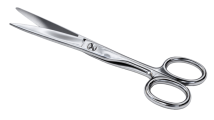 High-end metal scissors with glossy sheen and realistic detail on transparent background