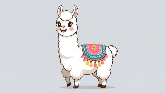 Cute standing llama in cartoon style with fluffy fur and happy face