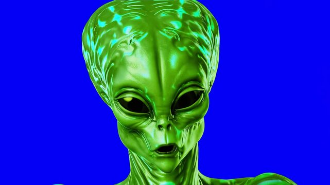 Looping Talking Alien Head Animation &ndash; Green Extraterrestrial Creature on Blue Screen Chroma Key for Sci-Fi, UFO, and Futuristic Videos
