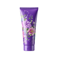 Fototapeta premium A purple cosmetic tube with floral designs in transparent background