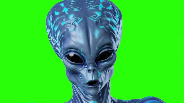 Looping Talking Alien Head Animation &ndash; Blue Extraterrestrial Creature on Green Screen Chroma Key for Sci-Fi, UFO, and Futuristic Videos