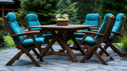 Obraz premium Wooden Patio Furniture Set with Teal Cushions Garden Table Chairs Outdoor