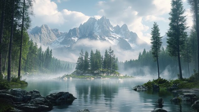 Misty mountain lake, island, forest