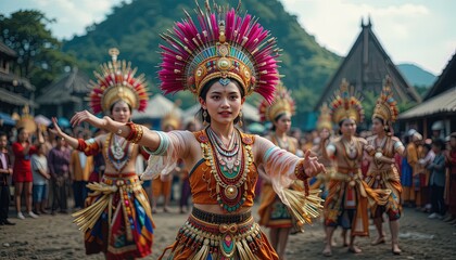 Fototapeta premium Colorful dancers in traditional costumes performing a cultural ritual.