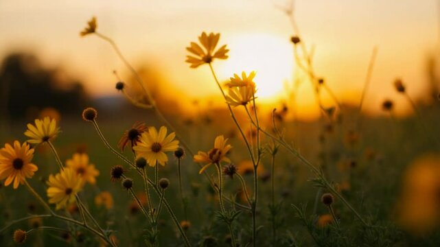 wild field flowers at summer sunset