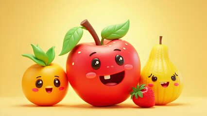 Cute cartoon fruits, an apple, orange, pear, and strawberry, with kawaii faces on a soft yellow gradient background