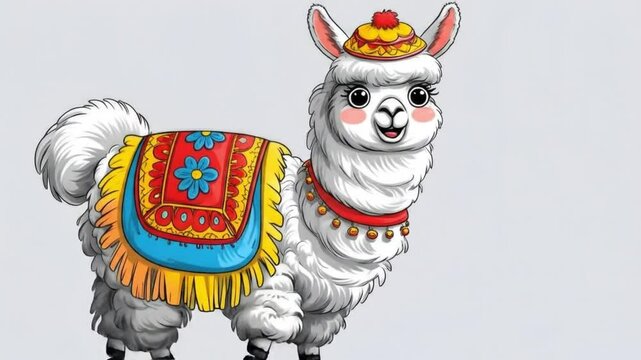 Fluffy llama illustration with hand-drawn crayon look and festive poncho details