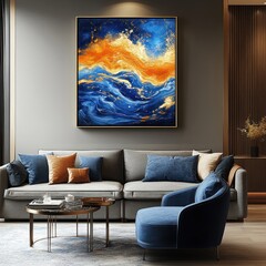 Striking abstract painting displayed in modern living room.