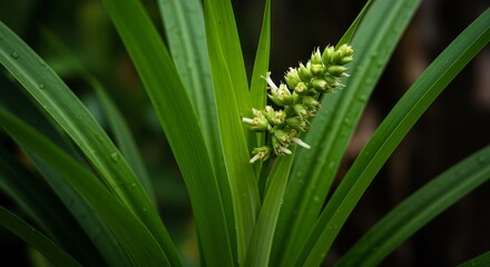 Obraz premium Vibrant close-up of Cymbopogon's lush green leaves and developing flower spike