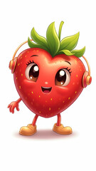 Fototapeta premium Cartoon strawberry character with headphones, standing on white background, simple, cute and vibrant