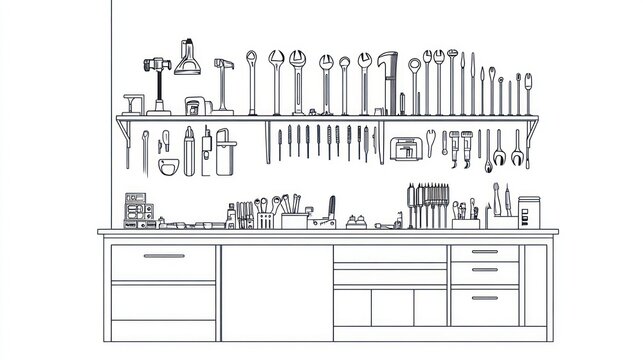 Workshop tools on shelf and workbench.  Simple drawing