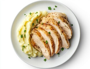 Sliced roasted chicken breast with mashed potatoes