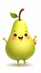 Cheerful cartoon pear character with rosy cheeks, a stem, leaf, legs, and a small orange object