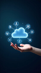 A hand holds a cloud computing system, symbolizing connection and technology