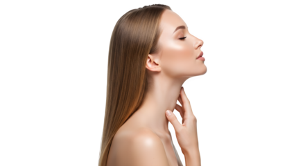 touching neck american Beautiful 20s mid-aged mature woman isolated on white background. skin care beauty	