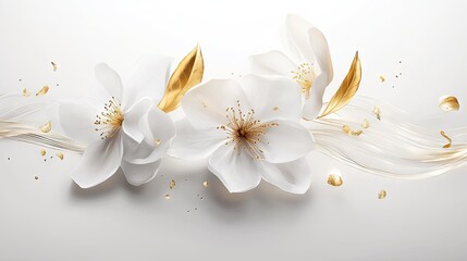 Fototapeta premium Elegant white blossoms with gold accents and flowing liquid design.