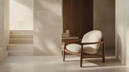 Beige upholstered armchair in minimalist interior setting