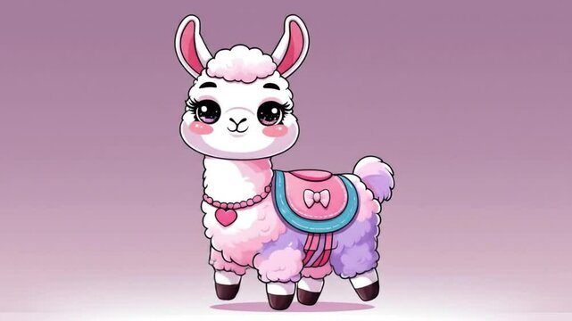 Cute pastel llama with oversized head, blushing cheeks, and stubby legs