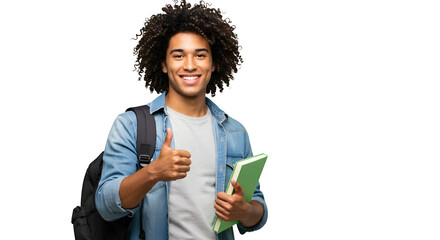 Smiling young kid male afro hair student holding a book and showing thumb up sign, isolated on transparent background