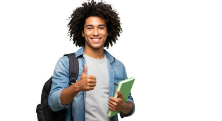 Smiling young kid male afro hair student holding a book and showing thumb up sign, isolated on transparent background