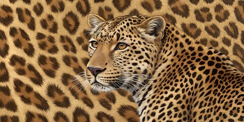 Naklejka premium Portrait of a majestic leopard against leopard print background in artistic style