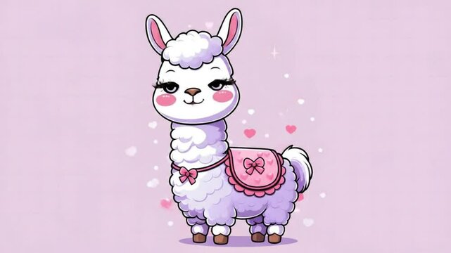 Kawaii-style cartoon llama with chubby round body and bright sparkly eyes