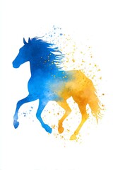 elegant watercolor silhouette of a horse in motion with flowing mane and gradient splash from blue to gold