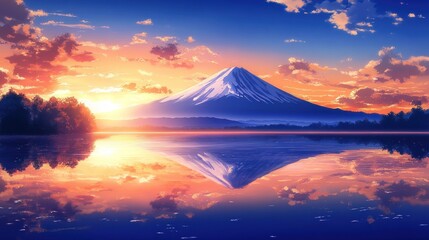 Majestic mountain lake sunset reflection serene nature landscape illustration