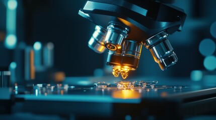 Close-up view of a scientific microscope focusing on a specimen.