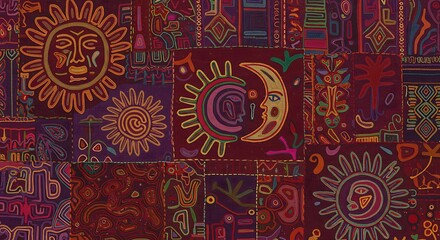 Intricate patchwork quilt showcasing embroidered sun and moon faces with various geometric designs.