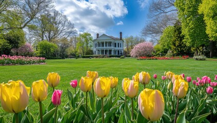 Obraz premium Spring blooms frame historic home