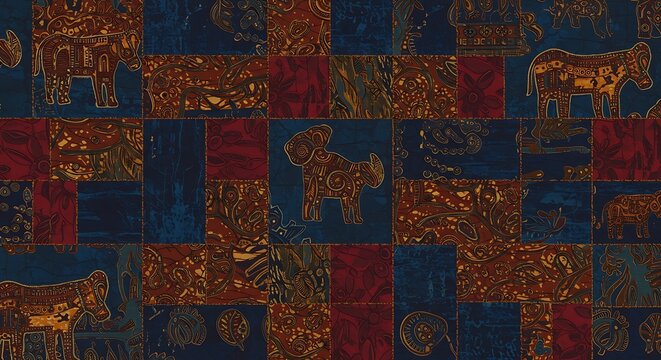 Decorative patchwork with intricate animal figures and stylized paisley patterns in vibrant colors. - Powered by Adobe