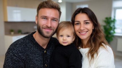 Fototapeta premium Happy Family Portrait with Parents and Child in Cozy Interior Setting