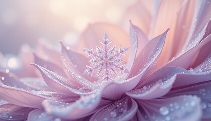 Fototapeta premium Delicate snowflake rests on a soft, pastel flower.