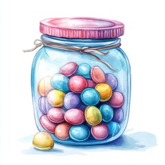 Colorful candies in a glass jar.  A glass jar filled with round, pastel-colored candies in various shades of pink, blue, yellow, and green.  The jar has a pink lid and a tied twine